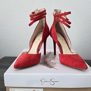 🤶🌲🎅 Jessica Simpson “Linnee” Red Muse Suede Heels (6 M) 🤶🌲🎅